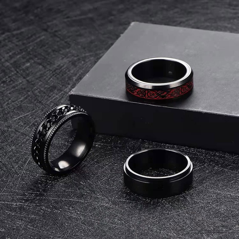 GoPaw Men Stainless Steel Spinner Ring - 8 Pcs Black