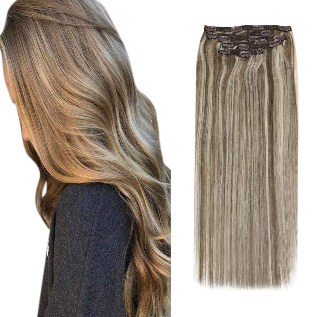 Sunny Brown Clip in Hair Extensions 20 inch Human Hair Clip in Extensions Light Brown Mixed Blonde Highlights Hair Extensions Clip in Human Hair Double Weft 7pcs 120g