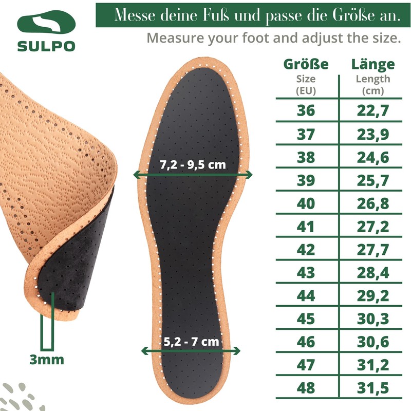 SULPO 3 Pairs Premium Leather Activated Carbon Insoles, Odour Absorber,