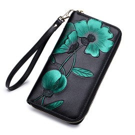 FORRICA Women Wallet Leather Large Capacity Checkbook Card Holder Drawing PU Leather RFID Blocking Wallet Women Long Purse, Green, purse