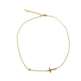 Women's stainless steel gold sideways cross necklace with gem (Gold, Stainless Steel)