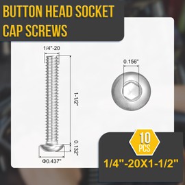 DTGN 1/4"-20x1-1/2 Button Head Socket Cap Screws - 10Pack - Good for Road Bicycle, Mountain Bike, Auto, Motorcycle - 304 Stainless Steel Whitewashed - Hex Socket Drive Fasteners
