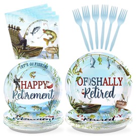 Grencian 96 Pcs Ofishally Retired Decorations Fishing Themed Retirement Party Supplies Plates Gone Fishing Retire Plate We Will Miss You Happy Retirement Tableware for Men Fishing Lover Farewell Party
