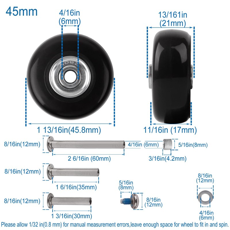 Replacement Wheels for Luggage 45mm x 18mm Set of 4
