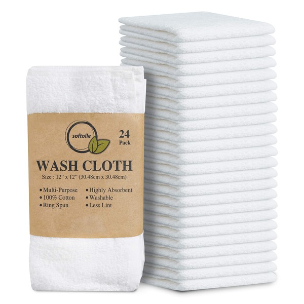 Softolle 100% Cotton Ring Spun Wash Cloths Pack of 24