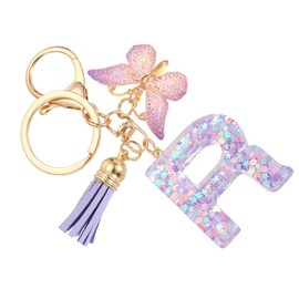 SUIKIHUM Initial Letter Keychains, (10.5cm/4.13" Mini Letter Butterfly KeyChain) Resin Tassel Pendant Car Keychain for Wallet Handbags Backpack, Purple (R)
