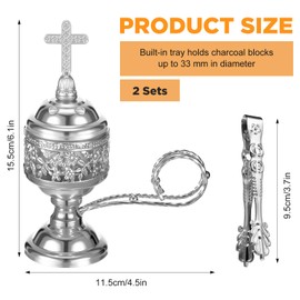 Zonon 2 Sets Incense Burner with Tong, Frankincense Charcoal Incense Stand Holder, Ideal for Yoga, Spa, Aromatherapy, Home and Christian Church Censer (Sliver)