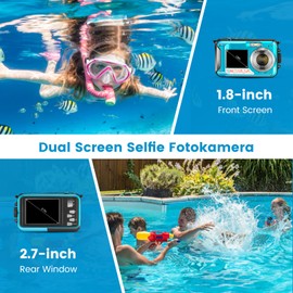 MINENICE Unterwasserkamera, Digitalkamera HD 2.7K 48MP 10FT Kamera Wasserdicht Dual Screen wasserdichte Kamera Anti Shake 16X Digital Zoom Schnorcheln Digitalkamera für Schnorcheln Schwimmen blau
