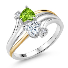 Gem Stone King 925 Silver and 10K Yellow Gold Peridot Moissanite and Lab Grown Diamond 2 Heart Promise Couple Engagement Mother Ring For Women | 1.02 Cttw | Gemstone Birthstone | Size 5,6,7,8,9