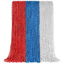 SHAOQINLIN 102 PCS Patriotic Bead Necklaces, 4th of July Oval Beads Necklaces Bulk 4th of July Accessories 33 Inch Metallic Red/Silver/Blue Beaded Necklace for Patriotic Day, Carnival Party Favor