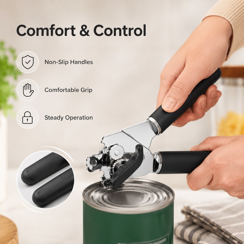 Stainless Steel Manual Can Opener with Ergonomic Non-Slip Handles, Multifunctional