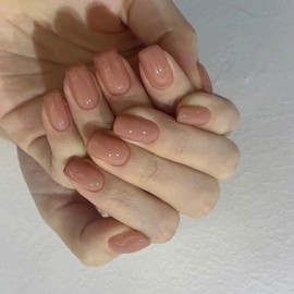 24Pcs Press on Nails Short, Square False Nails Flesh Color Glossy Fake Nails, Acrylic Stick on Nails with Glue Stickers, Removable Full Cover Glue-on Nails for Women and Girls DIY Manicure