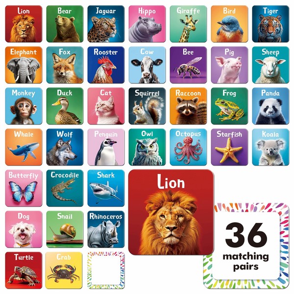 72 PCS Memory Matching Game, Real Animal Matching Cards for