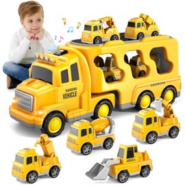 ELECTRIC CHOICE Carritos Juguetes para Niño, Camiones de Transporte de Inercia Juguete 5 en 1 con 4 Mini Vehículo, Juguetes de Construcción de Ingeniería con Luz y Sonidos