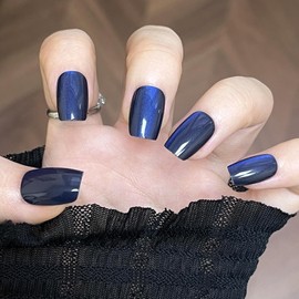 Square Press on Nails Short Fake Nails Cat eyeFalse Nails Blue Artificial Nails Glitter Stick on Nails for Women 24pcs