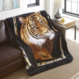 Shavel Home Products Luxury Hi Pile Oversized Throw, Tiger with Border, 60 x 80 Inch