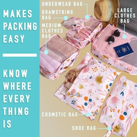 Paton Travel Australia 6 Piece Packing Cubes for luggage, backpack or carryon suitcase Water and Tear Resistant various sizes including a shoe Bag Pink Protea Design