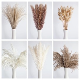 Bannifll 110 PCS Dried Pampas Grass Bouquet, Boho Table Decor, Bunny Tails Dried Flowers, Brown Pompas, White Pampas Grass for Wedding, Home, Rustic Party, Baby Shower Decorations