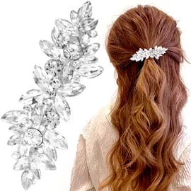 VARMDUKKE Rhinestone Barrettes, Crystal Hair Clips for Wedding, Silver French Barrette Clips for Women Thick Long Hair, Sparkly Hair Pins for Bridal Brides Wedding (1PCS)