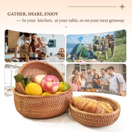 Rattan Bread Basket for Serving, Hand Woven Fruit Basket, Natural Wicker Basket for Bread, Snack, Fruit, Vegetable, Kitchen and Dinning Counter Organizing (Round-Medium)