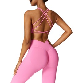 ABOCIW Workout Sets, Seamless V Back Scrunch Lifting Leggings High Waist Yoga Pants Cross Back Strappy Sports Bra 2 Piece Gym Sets Y-Pink Large