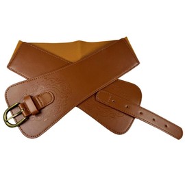 Women Ladies Vintage Super Wide Faux Leather Totem Print Elastic Stretch Corset Cinch Belt (Brown)