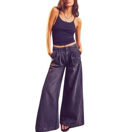 chouyatou Women's Boyfriend Denim Cargo Pants Y2K Baggy Wide Leg Casual Dressy Jeans Culottes (Large, Black)