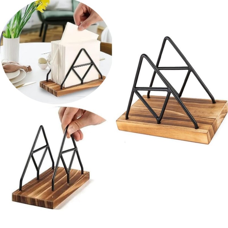 DACUAN Geometric Metal Wire & Solid Wood Triangle Napkin Holder