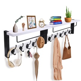 BSTHOK Wall Mounted Coat Rack with Shelf, 44cm, Metal Hooks, Rustic Wood, for Bathroom, Bedroom, Living Room (White-2pack)
