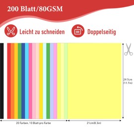 Origami Paper, 200 Sheets of Colourful Paper A4, 20 Bright Colours, 80 g/m² Double-Sided Coloured Paper, Colourful Craft Paper, Folding Paper for DIY Origami Craft Projects, Decorating, Gifts