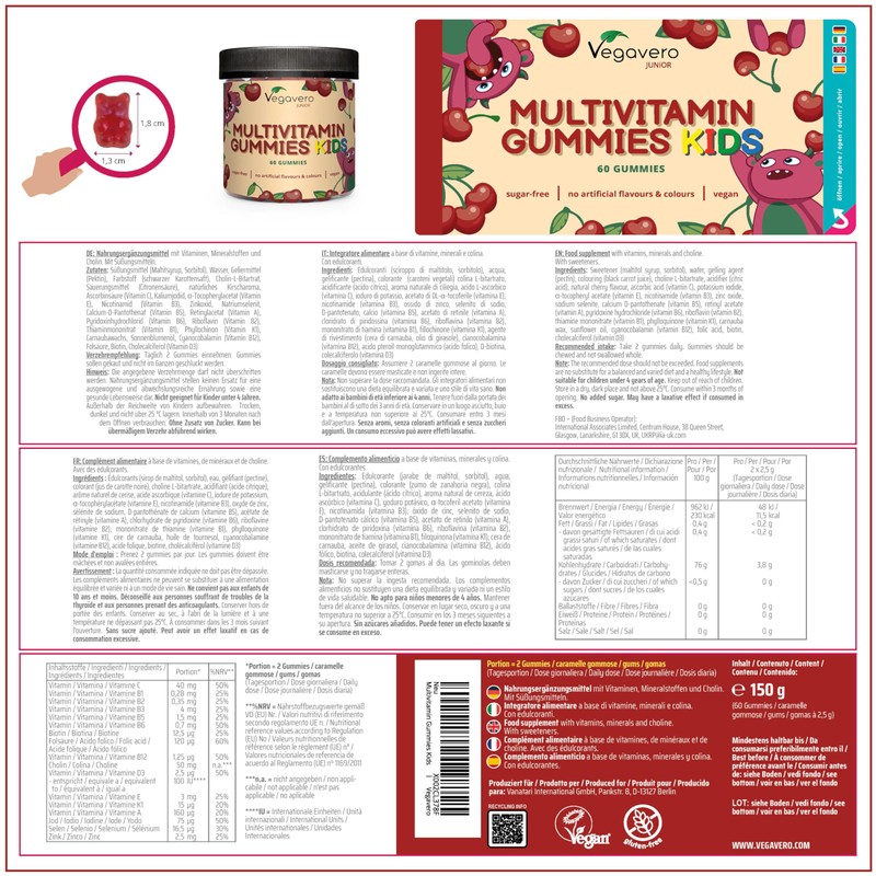 Vegavero Multivitamin Gummies for Children, Sugar-Free & Vegan, Multivitamin Gummies