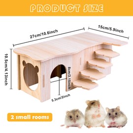 Vegena Hamster Corner House - Wooden Hamster House with Stairs, Hamster House Wooden Hamster Hideout Cage Decor Accessories for Gerbils, Degus, Spikes, Dwarf Hamsters (27 x 15 x 10.5 cm)