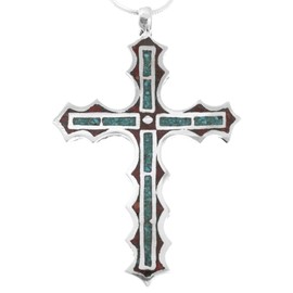 Navajo Inlaid Turquoise Coral Sterling Cross Pendant With Silver Chain 2045