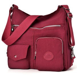Multipurpose Hobo Purse for Women with Antitheft RFID, Waterproof Nylon Crossbody Bag Shoulder Handbag, Convertible Backpack (Red)