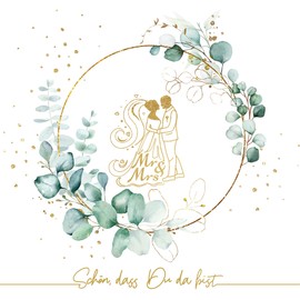 20 Napkins Eucalyptus Wedding Green with Bride and Groom Gold White for Marriage, Engagement, Wedding Table Decoration "Schön dass Du da bist " [German Language] Wedding Decoration Table 33 x 33 cm