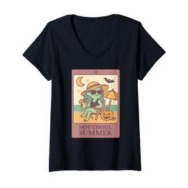 Womens Summerween Hot Ghoul Girl Summer Funny Cute Tarot Card Women V-Neck T-Shirt
