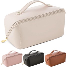 Bolsa De Cosméticos De Viaje De Gran Capacidad, Bolsa De Cosméticos Portátil De Cuero Resistente Al Agua, Bolsa De Cosméticos Multifuncional Para Mujer Con Asas Y Compartimentos (PU Blanco)