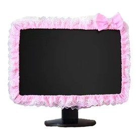 ALHBEJT Computer Monitor Cover with Lovely Cute Elastic Pen Pocket Bow-knot TV LCD Screen Monitor Decoration Dust Cover Protector, lace fabric (17''-22''，Pink)