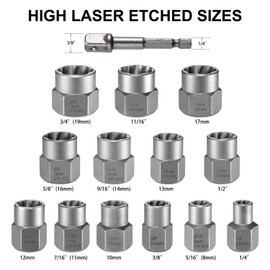 Thinkwork Impact Bolt Extractor Set, 13+1 Pieces Nut Removal Tool, Stripped Lug Nut Remover, Grip Tite Socket Set, Easy to Remove The Rusty and Stubborn Sockets and Bolts