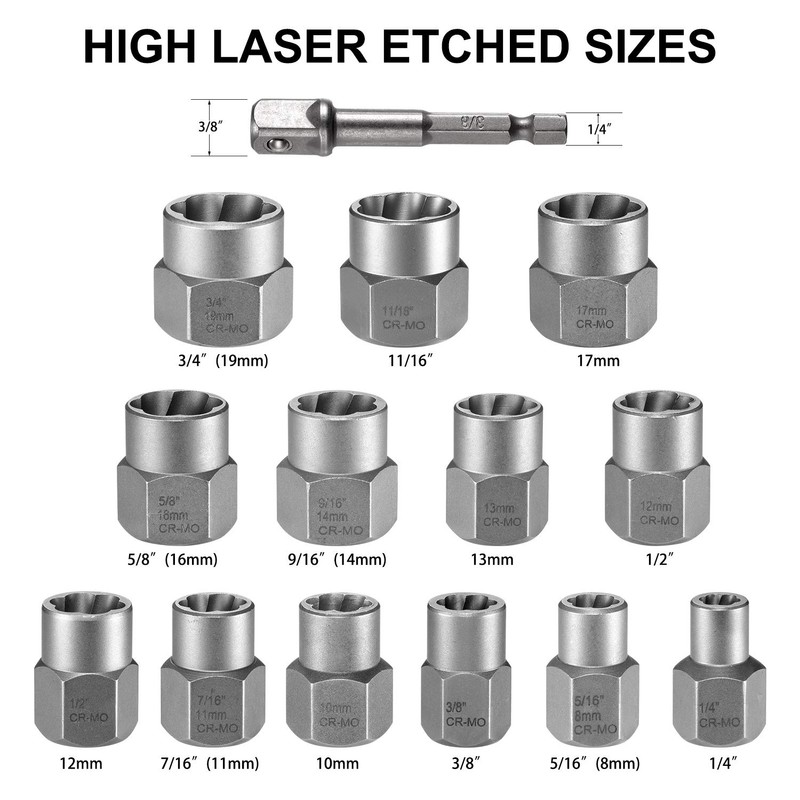 Thinkwork Impact Bolt Extractor Set, 13+1 Pieces Nut Removal Tool,