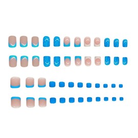 Blue Press on Nails and Toes Matching Set French Tip toe nail press ons Short Square Fake Nails Curve Design Stick on Nails Glossy Summer Acrylic Glue on Toenails for Women Nail Art Decoration 48Pcs