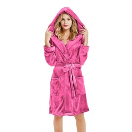 U2SKIIN Women Hooded Fleece Robe, Short Plush Robes for Womens With Hood Soft Warm Spa Bathrobe(Rose, S/M)