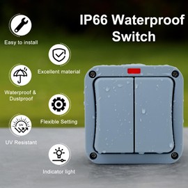 Outdoor Light Switch, USUPERINK Outdoor Double Switch, IP66 Waterproof, 2 Gang 2 Way Dual Switches, 15Amp 110-250V, SPDT Exterior Electrical Switches for Outside, Garden, Pool, Patio, Balcony