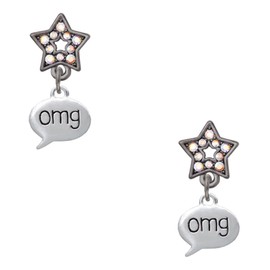 Delight Jewelry Silvertone Text Chat - omg - Oh My God - Midnight Dream Big Star Post Earrings
