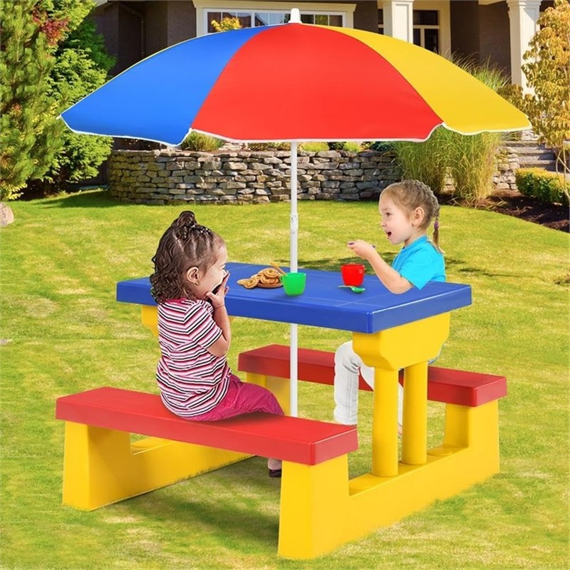 Pemberly Row Picnic Table Set withRemovable Umbrella Garden Patio Multicolor
