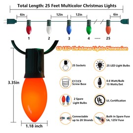 Fonusty C9 LED Christmas Lights Outdoor, 25Ft Vintage Christmas Lights with 25 Colored Shatterproof Bulbs, Waterproof C9 Light String for Outside Indoor Bedroom Tree Party Patio Xmas Decorations