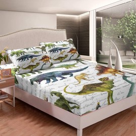 Loussiesd Dinosaur Bed Sheet Set Jungle Animals Pattern Fitted Sheet 90 x 200 cm for Children Boys Girls 3D Dinosaur Printed Fitted Sheet Animal World Style Decor Bedroom Collection 2 Pieces