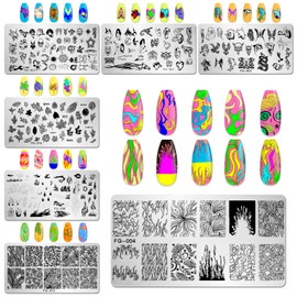 AddFavor Nail Stamper Kit 7pcs Nail Stamping Plates Flower Animal Flame Leaves Image Nail Stencils with 2 Stamp and 2 Scraper for Home Salon Manicure Design Supplies Tools