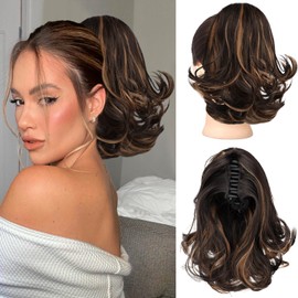 KooKaStyle Ponytail Extension, 10" Short Claw Clip in Pony Tails Hair Extensions Curly Wavy Synthetic Drawstring Hairpieces for Women(Dark Brown with Auburn Highlight)