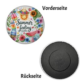 Sun and Summer Magnet Round with Saying Summer Feeling Colourful Lettering Summer Motifs Text Bright Vivid Good Mood